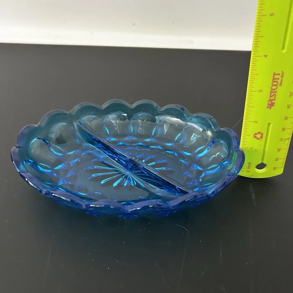 Vintage‎ Indiana Glass Kings Crown Teal Blue Divided Oval Candy Dish
